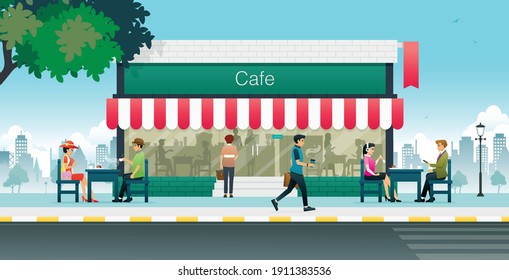 Male and female workers eating in city cafes.