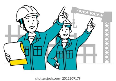 Male and female workers giving instructions while looking at documents at a construction site