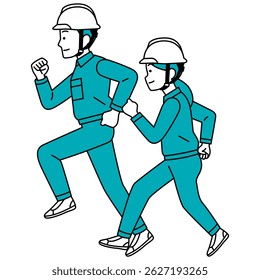 Male and female workers in helmets running (sideways)