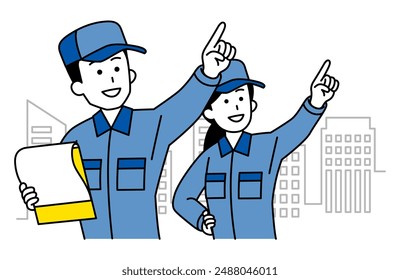 Male and female workers holding documents and pointing into the distance in an urban area