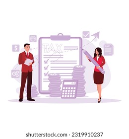Male and female workers keep records and write tax budgets against the background of documents, stacks of coins, and calculators. Trend Modern vector flat illustration.