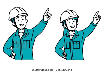 Male and female workers pointing into the distance