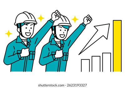 Male and female workers rejoicing with a growing graph and a fist pump