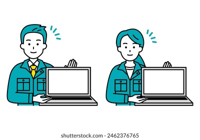 Male and female workers showing laptop screens