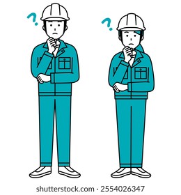 Male and female workers thinking of ideas (full body)