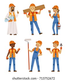 Male and female workers in uniform. Engineers and builders on the work. Vector characters set isolate. Worker engineer character, professiona contractor illustration