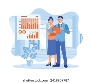 Male and female workers using tablets in modern offices. Discussing graphs on virtual screens during meetings. Software developers concept. Flat vector illustration.