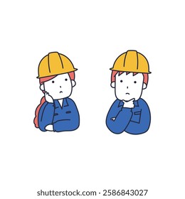 Male and female workers wearing helmets having trouble
