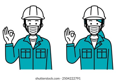 Male and female workers wearing nonwoven masks making OK signs