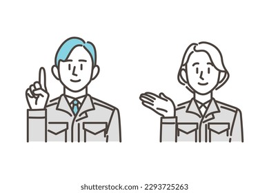 Male and female workers in work clothes proposing something [Vector illustration]