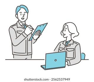 Male and female workers in work uniforms meeting for work [Vector illustration]