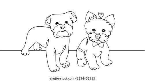 Male and female Yorkshire terrier. The world's favorite dog breed. International Dog Day. One line drawing for different uses. Vector illustration.