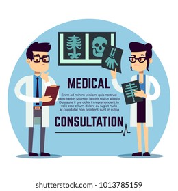 Male and female young doctors make diagnosis - medical consultation emblem design. Vector illustration