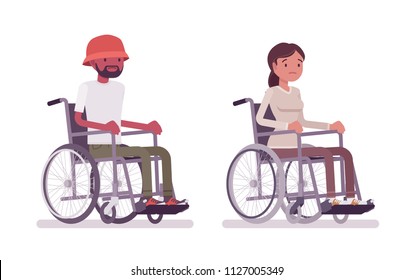 Male And Female Young Wheelchair User. Poor Quality Of Life And Health. Society And Disabled People Community Concept. Vector Flat Style Cartoon Illustration, Isolated, White Background