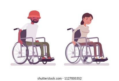 Male, female young wheelchair user moving manual chair. Special approach, medical care. Society, disabled people community concept. Vector flat style cartoon illustration, isolated, white background