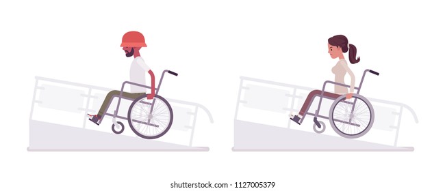 Male and female young wheelchair user on ramp. City street mobility. Society and disabled people community concept. Vector flat style cartoon illustration, isolated, white background