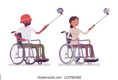Male and female young wheelchair user taking selfie with phone and stick. Society and disabled people community concept. Vector flat style cartoon illustration, isolated, white background