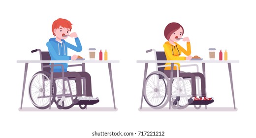 Male and female young wheelchair user eating food sitting at the table. Having lunch, snack in cafe. Society and disabled people. Vector flat style cartoon illustration, isolated, white background