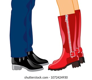 Male and feminine legs in footwear on white background