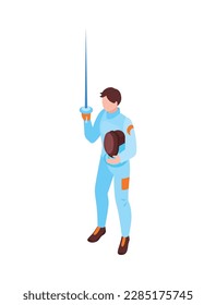 Male fencer holding sword and mask on white background isometric vector illustration