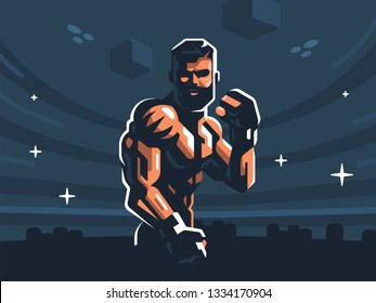 A male fighter of mixed martial arts is in a fighting stance. Vector illustration.