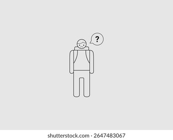  a male figure with a backpack and a sad expression