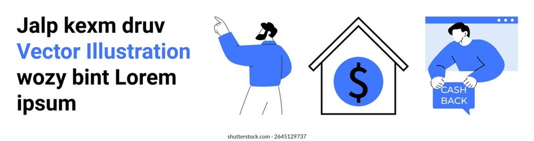 Figura masculina em suéter azul apontando, ícone da casa com símbolo de dólar, individual segurando um documento de cash back, elementos de texto. Ideal para serviços financeiros, imóveis, e-commerce, marketing