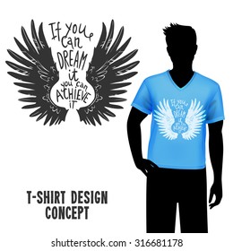 Male figure in blue t-shirt with sketch wings design and lettering vector illustration