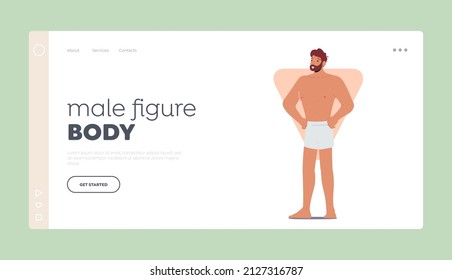 Male Figure Body Landing Page Template. Man with Inverted Triangle Body Shape Posing with Arms Akimbo, Male Character Figure Type with Wide Shoulders and Narrow Hips. Cartoon Vector Illustration