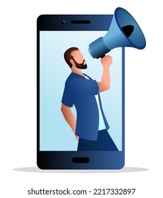 Male figure comes out from cellphone using megaphone, influencer, key opinion leaders, self promotion on social media, vector illustration