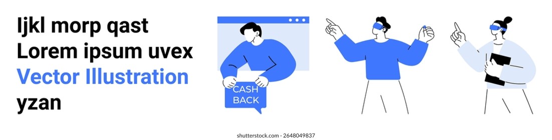 Figura masculina segurando o sinal de dinheiro de volta, duas figuras comunicando com gestos de apontar. Ideal para promoções financeiras, coordenação de equipes, materiais de marketing, conteúdo educacional, blogs tecnológicos, negócios