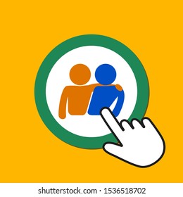 Male figure hugs another icon. Friendship concept. Hand Mouse Cursor Clicks the Button. Pointer Push Press