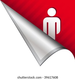 Male figure icon on vector peeled corner tab suitable for use in print, on websites, or in advertising materials.