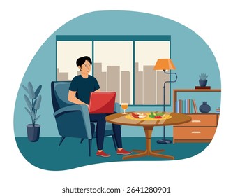 A male figure sits in a bright, cozy living room, working on a laptop on a relaxing chair with food and drink on a nearby table.