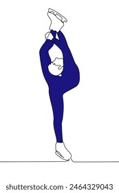 male figure skater in a blue dcostume performs a Biellmann spin - one line art vector. concept of a figure skater performing at competitions