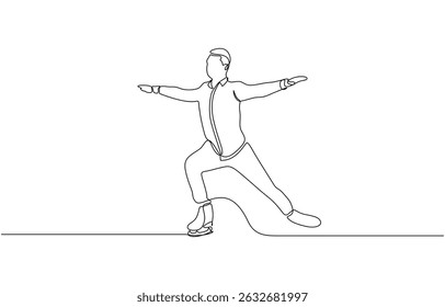 Male figure skater gliding elegantly on ice in minimalist style, continuous line drawing, Hand drawing one single continuous line of man ice skating isolated on white background.
