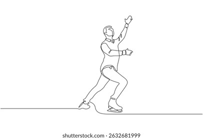 Male figure skater gliding elegantly on ice in minimalist style, continuous line drawing, Hand drawing one single continuous line of man ice skating isolated on white background.