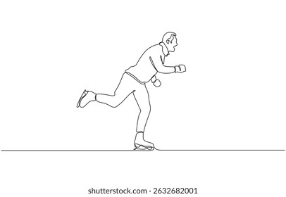 Male figure skater gliding elegantly on ice in minimalist style, continuous line drawing, Hand drawing one single continuous line of man ice skating isolated on white background.