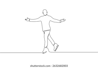 Male figure skater gliding elegantly on ice in minimalist style, continuous line drawing, Hand drawing one single continuous line of man ice skating isolated on white background.