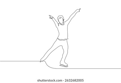 Male figure skater gliding elegantly on ice in minimalist style, continuous line drawing, Hand drawing one single continuous line of man ice skating isolated on white background.