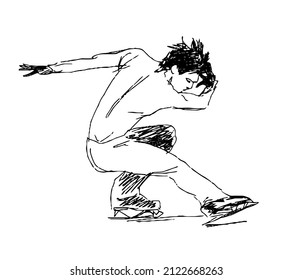 Male Figure Skater On Ice Skating Showing Dance Sport Performance. Outline Drawing. Vector Illustration