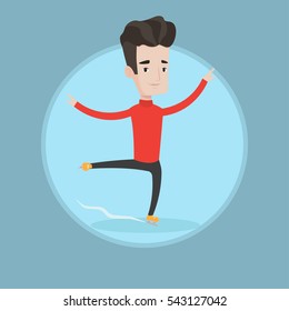 Male Figure Skater Performing On Ice Skating Rink. Young Ice Skater Dancing. Caucasian Male Figure Skater Posing On Skates. Vector Flat Design Illustration In The Circle Isolated On Background.