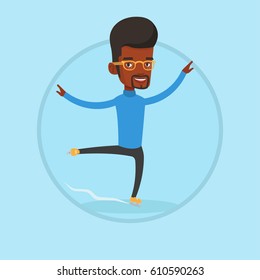 Male Figure Skater Performing On Ice Skating Rink. Young Ice Skater Dancing. African-american Male Figure Skater Posing On Skates. Vector Flat Design Illustration In The Circle Isolated On Background.