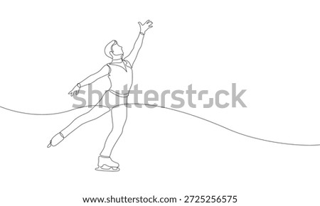 A male figure skater performs tricks on the ice, depicted with a single continuous line. Minimalist vector illustration one line. Winter sports concept.