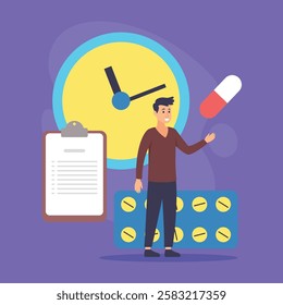 Male figure standing in front of large clock, holding capsule in one hand. Clipboard and a strip of pills in the background. Medication management concept