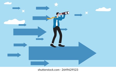 Male figure in a suit, yellow tie, holding binoculars stands on a large rightward arrow, symbolizing direction or progress. Business Vision and Success