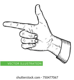 Male finger pointer. Vector black line vintage engraved illustration isolated on a white background. Hand sign for web design and ads