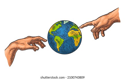 Male finger pointing and god hand touch earth planet globe. Vector color vintage engraving illustration isolated on a white background. For web, poster, info graphic