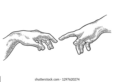 Male finger pointing touch god hand. Section fresco The Creation of Adam. Vector black vintage engraving illustration isolated on a white background. For web, poster, info graphic