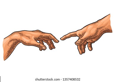 Male finger pointing touch god hand. Section fresco The Creation of Adam. Vector color vintage engraving illustration isolated on a white background. For web, poster, info graphic